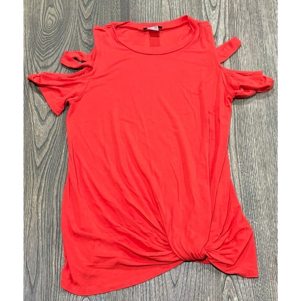 Venus Twisted Knot Detail Top Short Sleeve Cold Shoulder Red/Orange Size Small